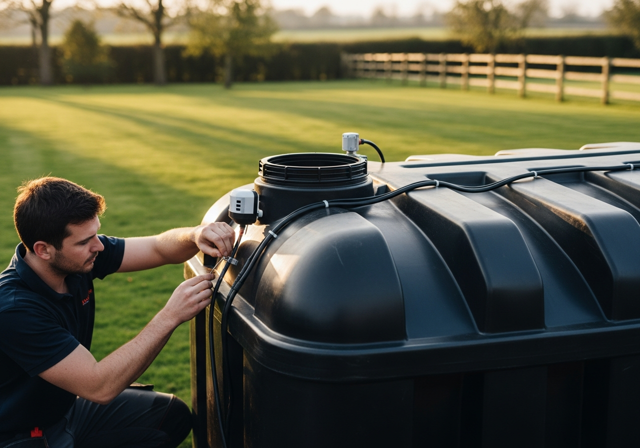 Tank Alarm Pro unit professionally installed on a bunded oil tank in a UK rural garden